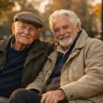 Barátság idősebb korban: két idős ember beszélget egy parkban naplementében