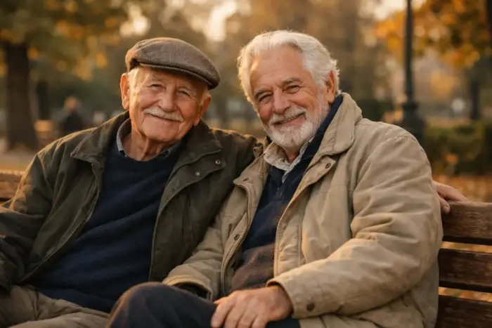 Barátság idősebb korban: két idős ember beszélget egy parkban naplementében