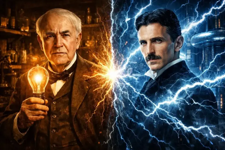 Edison vs Tesla – az áramok háborúját bemutató illusztráció