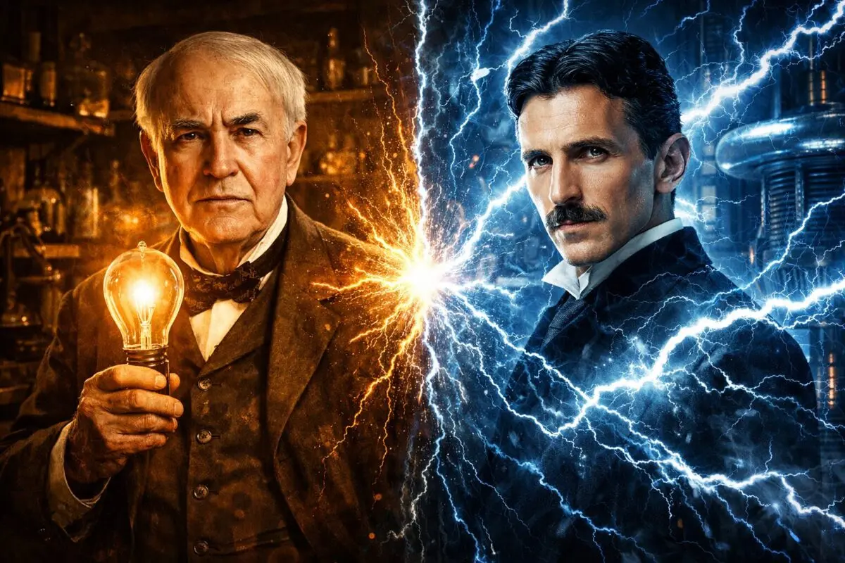Edison vs Tesla – az áramok háborúját bemutató illusztráció