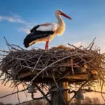 Az első gólya 2026-ban megérkezett az akasztói fészkébe a naplementében.