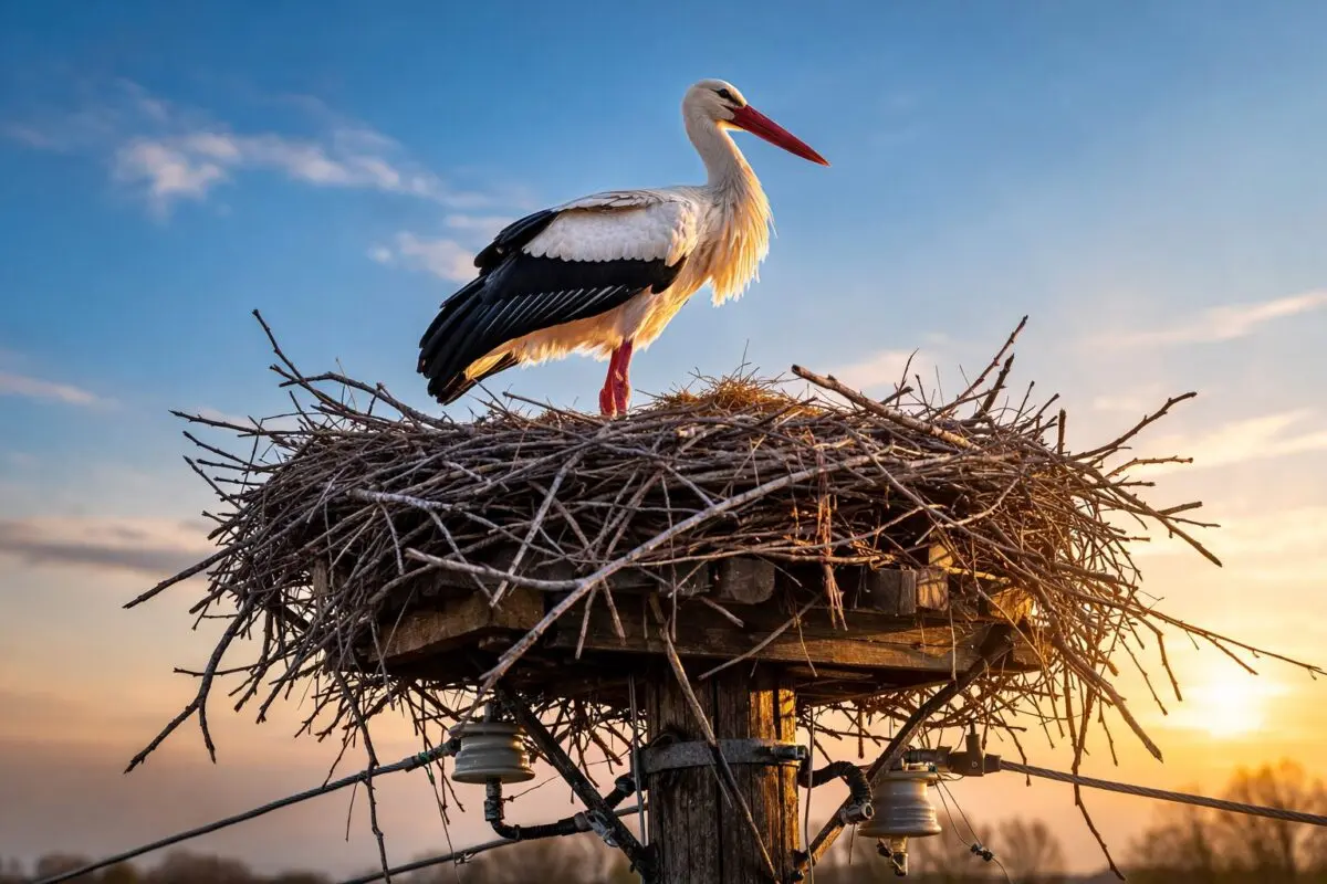 Az első gólya 2026-ban megérkezett az akasztói fészkébe a naplementében.