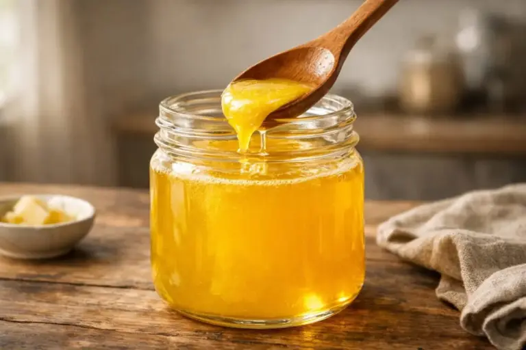 Ghí (tisztított vaj) üvegben, aranyszínű állaggal – magas füstpontú zsiradék sütéshez