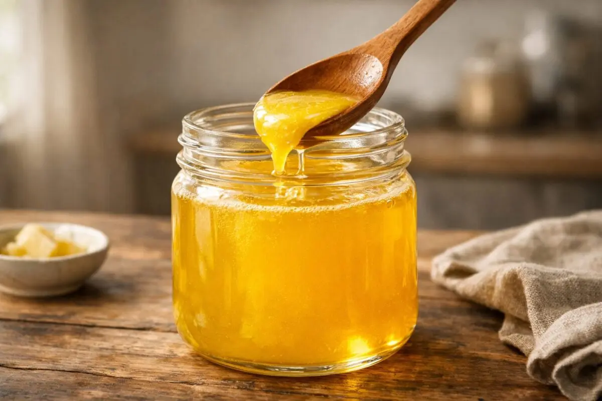 Ghí (tisztított vaj) üvegben, aranyszínű állaggal – magas füstpontú zsiradék sütéshez