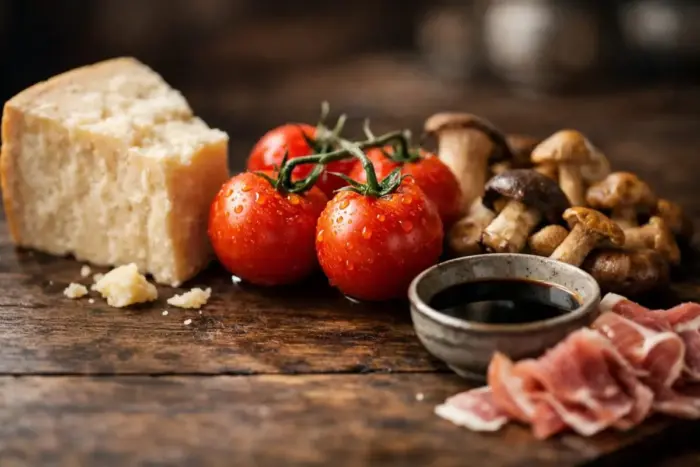 Umamiban gazdag ételek: parmezán, paradicsom, gomba és szójaszósz egy kompozíción