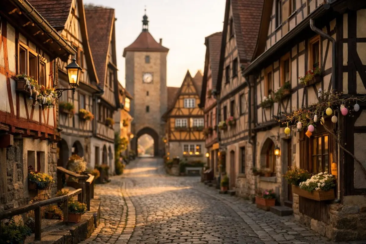 Mesebeli német város favázas házakkal és középkori toronnyal a Német Meseút jubileumi útvonalán