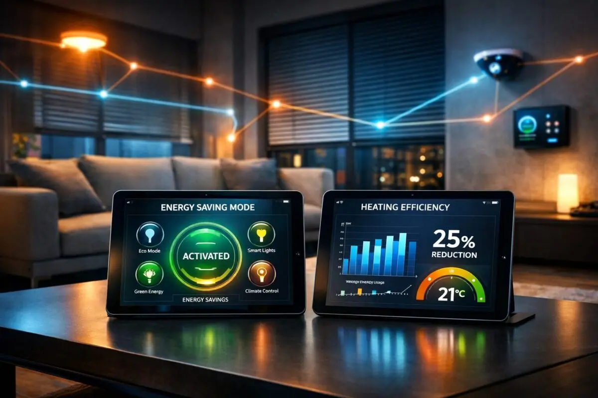 okosotthon tippek és MI vezérelt fűtésrendszer energiamegtakarítási grafikonnal