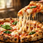 Ínycsiklandó, kemencében sült nápolyi pizza a Pizza Világnapján, melyből egy szeletet kiemelnek, így a forró mozzarella sajt hosszan és drámaian nyúlik.