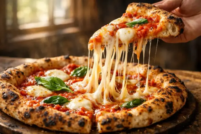 Ínycsiklandó, kemencében sült nápolyi pizza a Pizza Világnapján, melyből egy szeletet kiemelnek, így a forró mozzarella sajt hosszan és drámaian nyúlik.