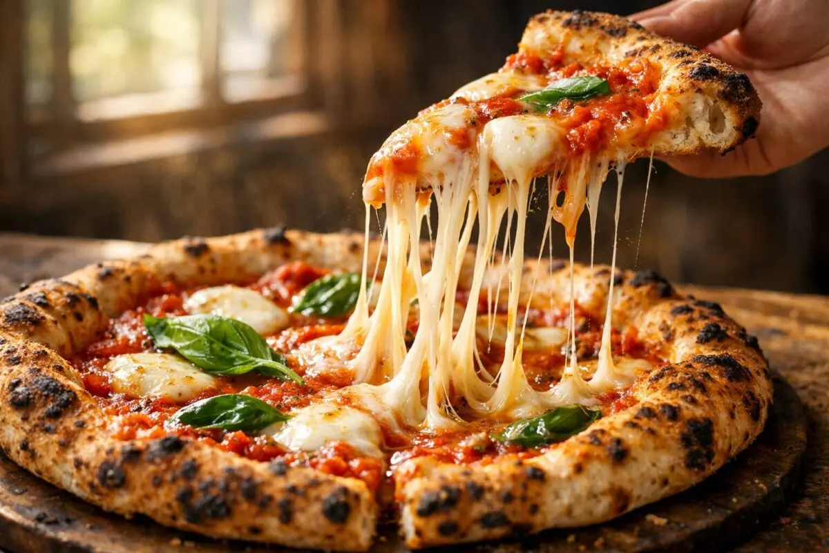 Ínycsiklandó, kemencében sült nápolyi pizza a Pizza Világnapján, melyből egy szeletet kiemelnek, így a forró mozzarella sajt hosszan és drámaian nyúlik.