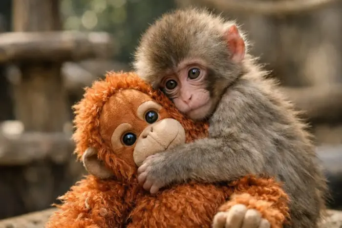 Punch makákó története – japán makákó kölyök plüss orángutánnal az állatkerti rehabilitáció során