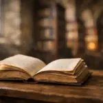 Régi, nyitott könyv faasztalon, háttérben elmosódott történelmi könyvtár – a St. Gallen-i apátsági könyvtár időtlen hangulatát idézve.