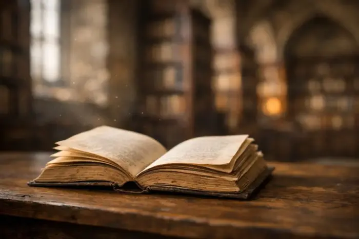 Régi, nyitott könyv faasztalon, háttérben elmosódott történelmi könyvtár – a St. Gallen-i apátsági könyvtár időtlen hangulatát idézve.