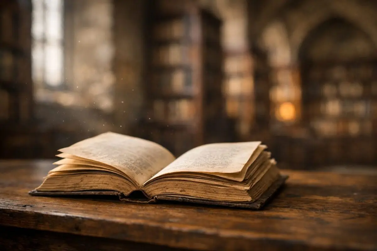 Régi, nyitott könyv faasztalon, háttérben elmosódott történelmi könyvtár – a St. Gallen-i apátsági könyvtár időtlen hangulatát idézve.