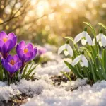 tavasz első napja márciusban virágzó hóvirágokkal és napsütéssel