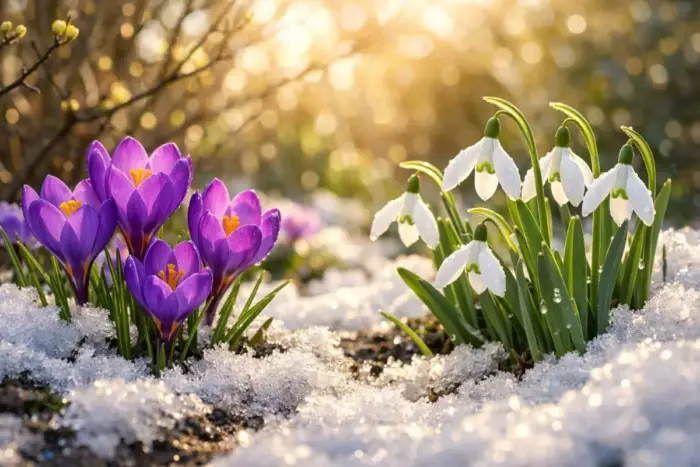 tavasz első napja márciusban virágzó hóvirágokkal és napsütéssel