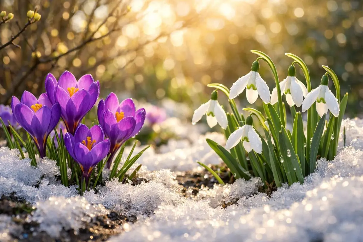 tavasz első napja márciusban virágzó hóvirágokkal és napsütéssel