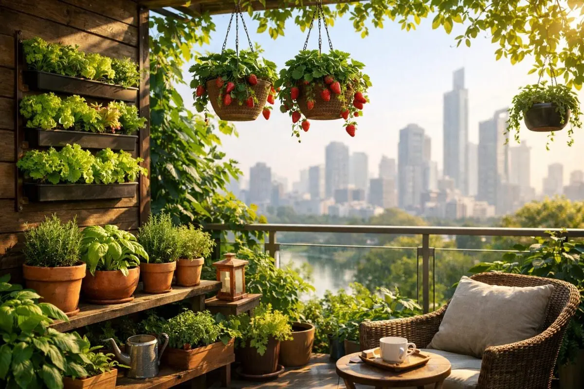 Városi kertészet 2026: Lenyűgöző és fenntartható panelerkély fűszernövényekkel és vertikális kerttel.