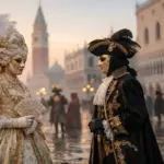 Velencei Karnevál 2026 jelmezes résztvevőkkel a Szent Márk téren naplementében