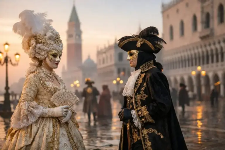 Velencei Karnevál 2026 jelmezes résztvevőkkel a Szent Márk téren naplementében