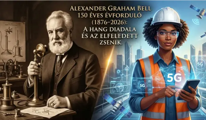 Alexander Graham Bell 150 éves évforduló emlékére készült, múltat és jövőt egyesítő infografika a telefon történetéről.