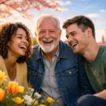 Boldogság Világnapja ünneplése március 20-án, vidám emberek egy tavaszi parkban a napfényben.