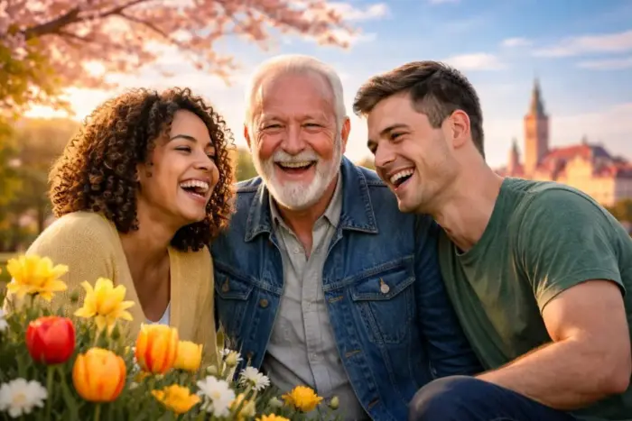 Boldogság Világnapja ünneplése március 20-án, vidám emberek egy tavaszi parkban a napfényben.