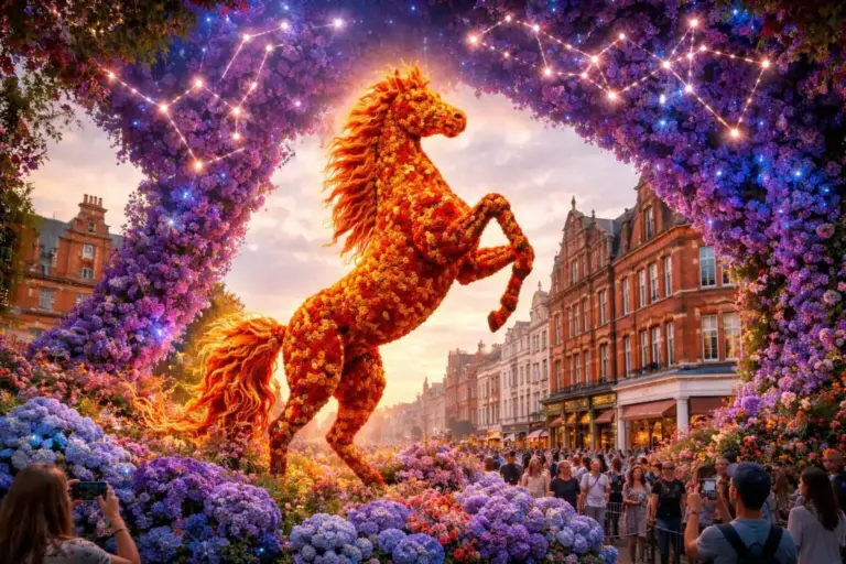 Chelsea in Bloom London 2026 intergalaktikus viráginstalláció és asztrológiai dekoráció