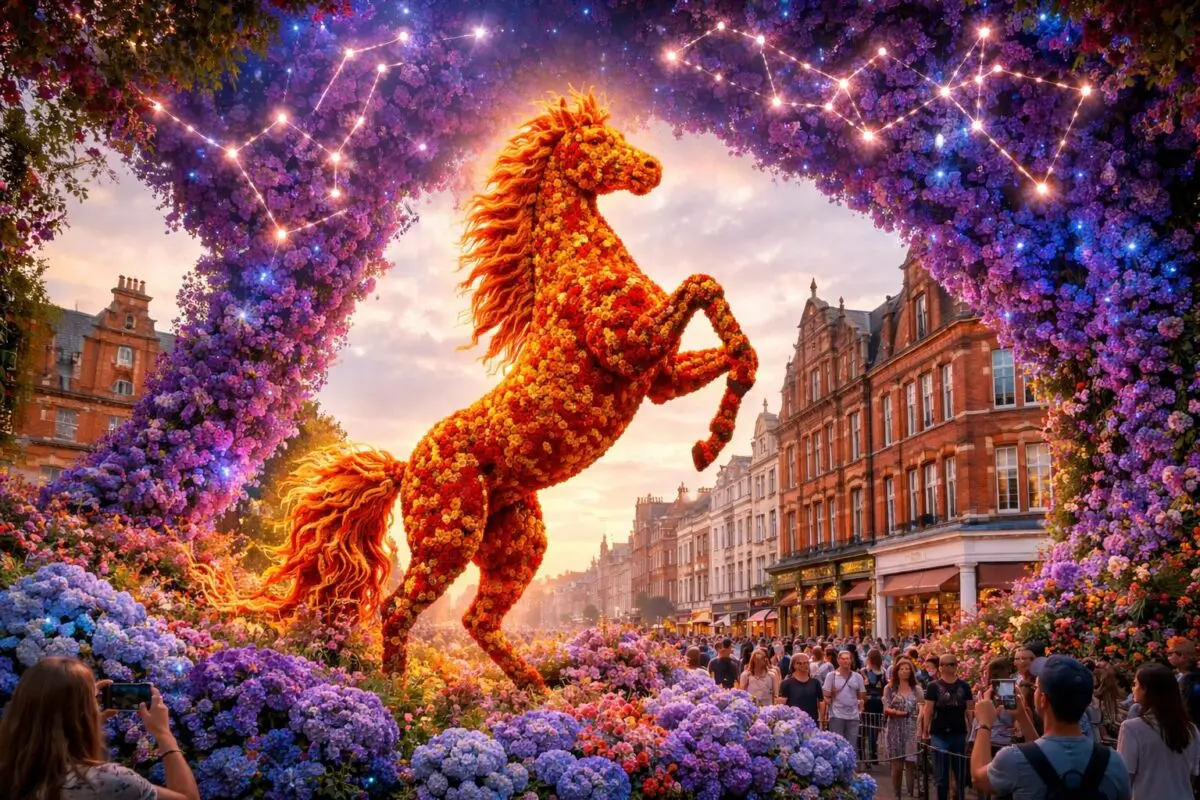 Chelsea in Bloom London 2026 intergalaktikus viráginstalláció és asztrológiai dekoráció