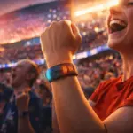 Egy boldog szurkoló haptikus karkötőt használ, hogy rezgéseken keresztül átélje a stadion hangulatát a siketlimpia alatt.