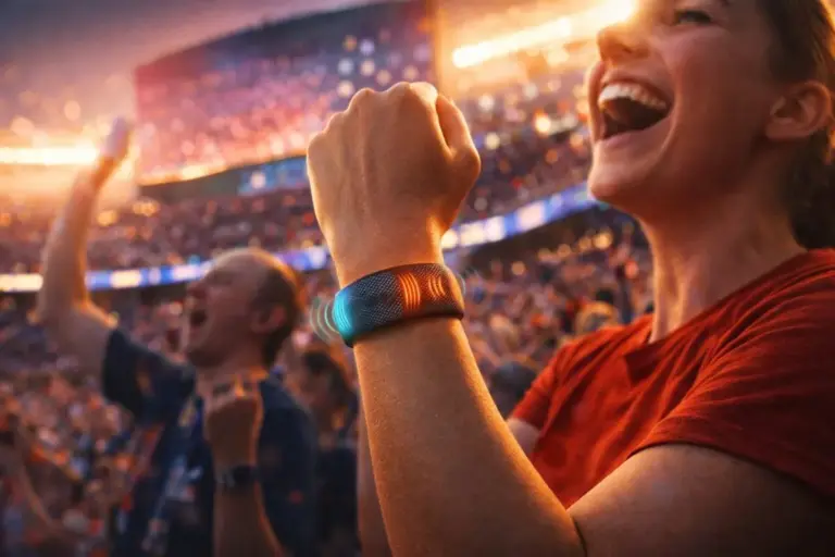 Egy boldog szurkoló haptikus karkötőt használ, hogy rezgéseken keresztül átélje a stadion hangulatát a siketlimpia alatt.
