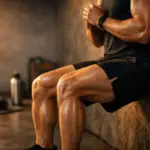 gy sportoló fali guggolást (wall sit) végez, intenzív izomfeszüléssel a combokban, ami egy hatékony izometrikus gyakorlat.