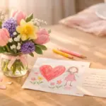 Március 8. nőnap hangulatkép tavaszi virágokkal és kedves nőnapi meglepetéssel