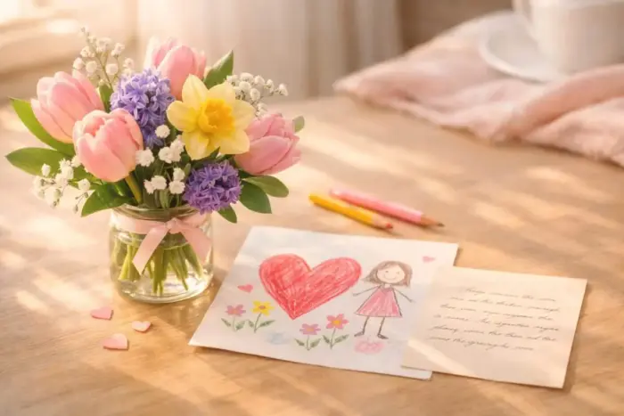 Március 8. nőnap hangulatkép tavaszi virágokkal és kedves nőnapi meglepetéssel