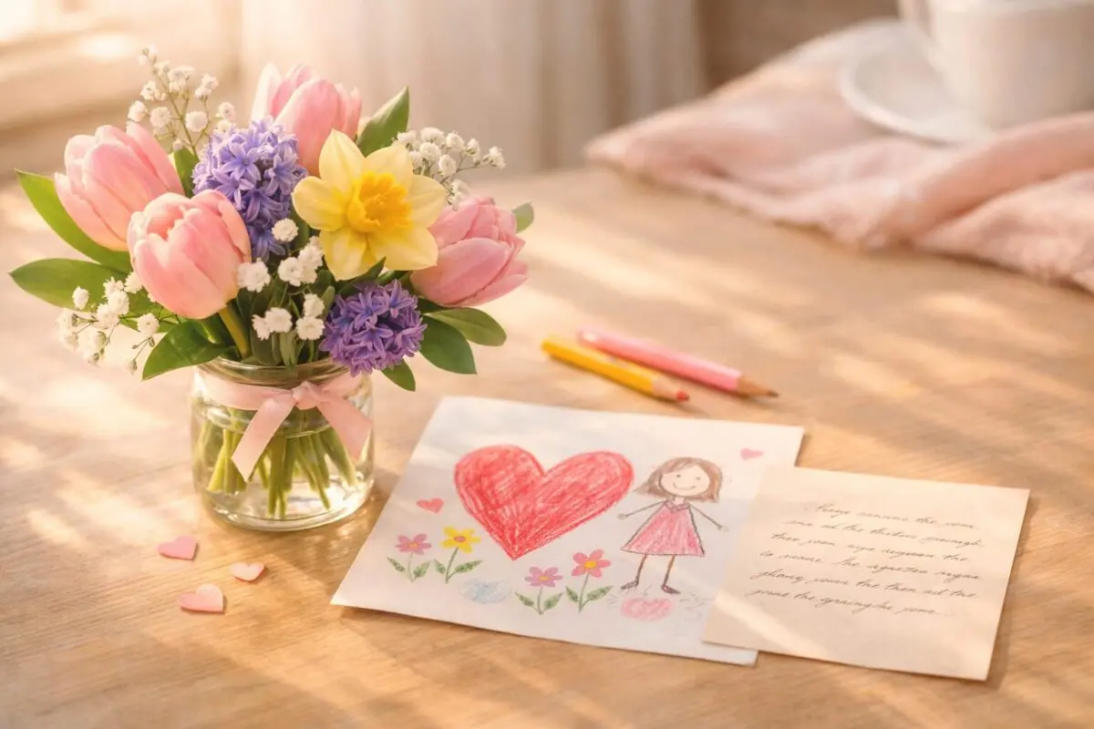 Március 8. nőnap hangulatkép tavaszi virágokkal és kedves nőnapi meglepetéssel