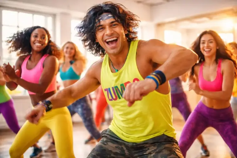 Vidám emberek egy csoportos Zumba órán, ahol latin ritmusokra végzett tánccal égetik a kalóriákat.